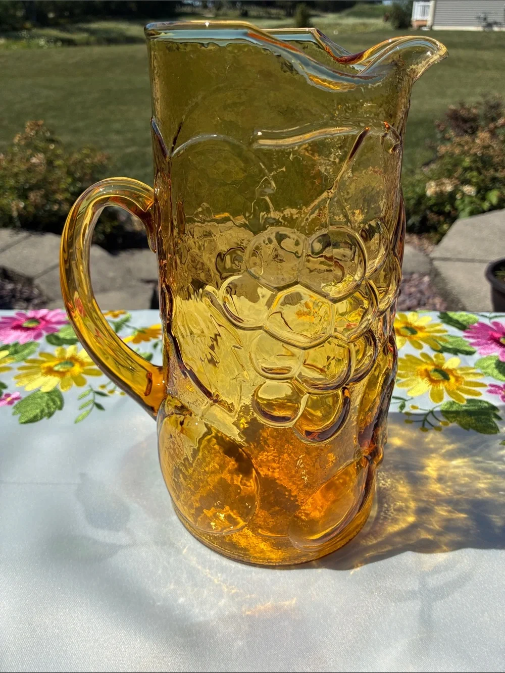 Amber Pressed Glass Pitcher with Fruit Motif